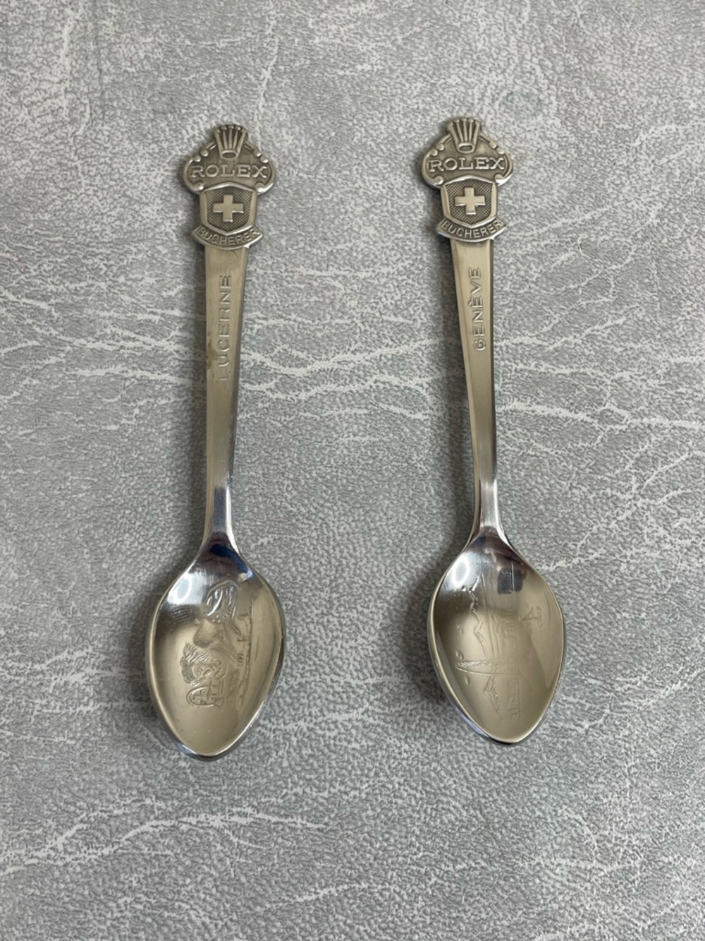 Rolex Silver Tone Souvenir Spoons with Crest Detail - Pair - Lucerne and Geneva